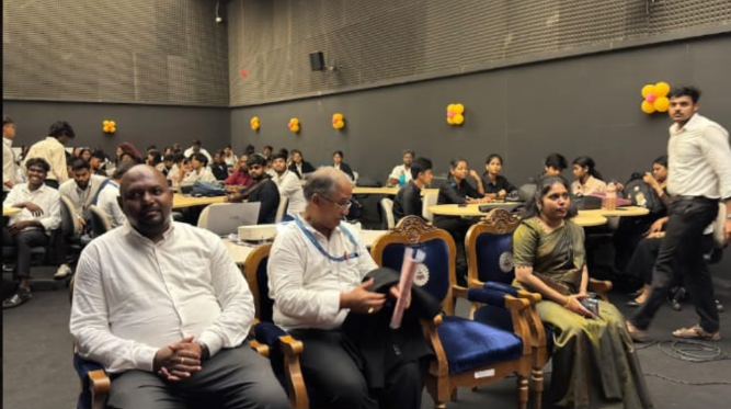 Faculty and students seated at the Saveetha Law School orientation programme